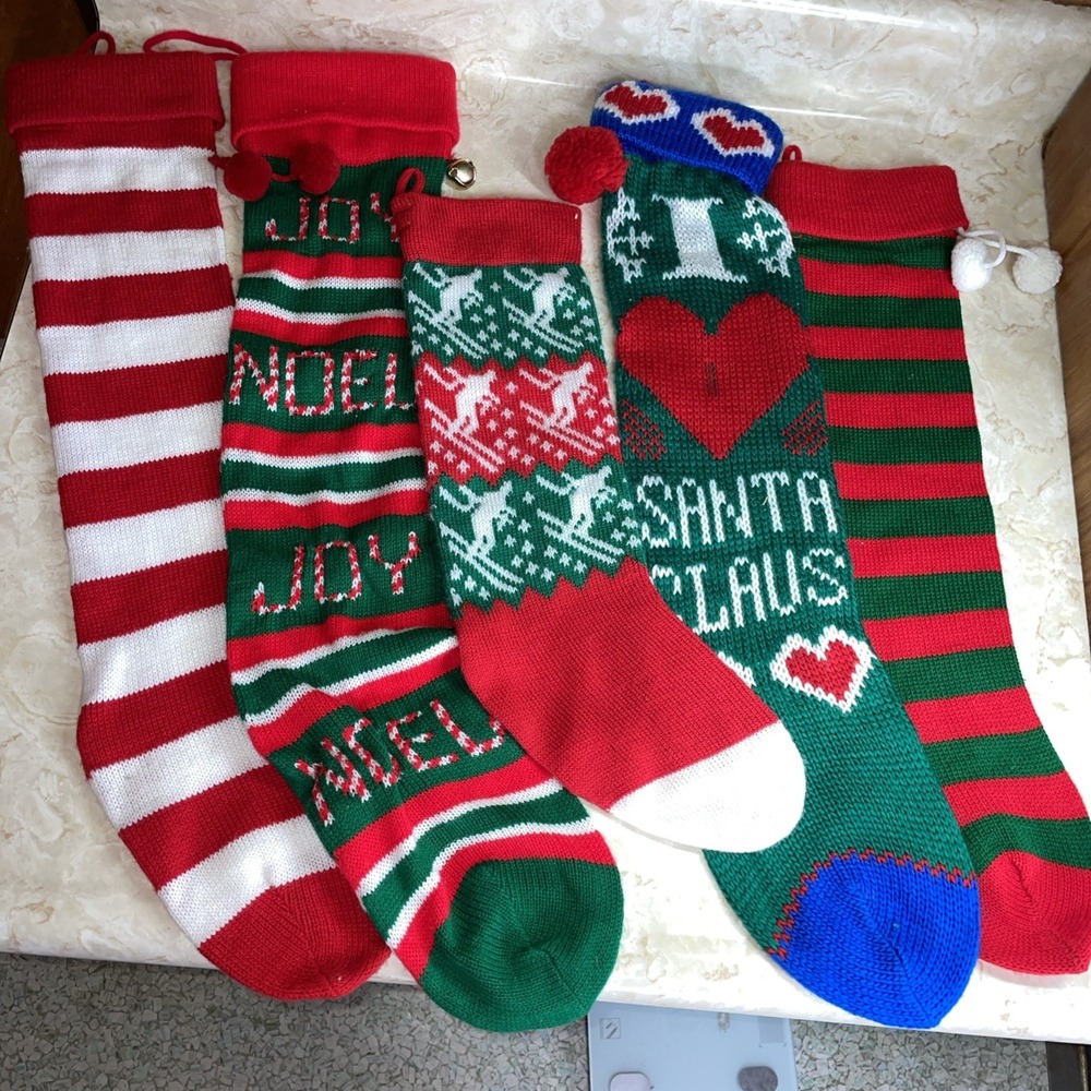 Vintage and Retro Christmas Stockings Five Green Red Bells Hanging Loop Festive